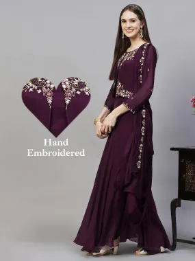 Floral Hand Embroidered Flared Maxi Dress - Deep Wine