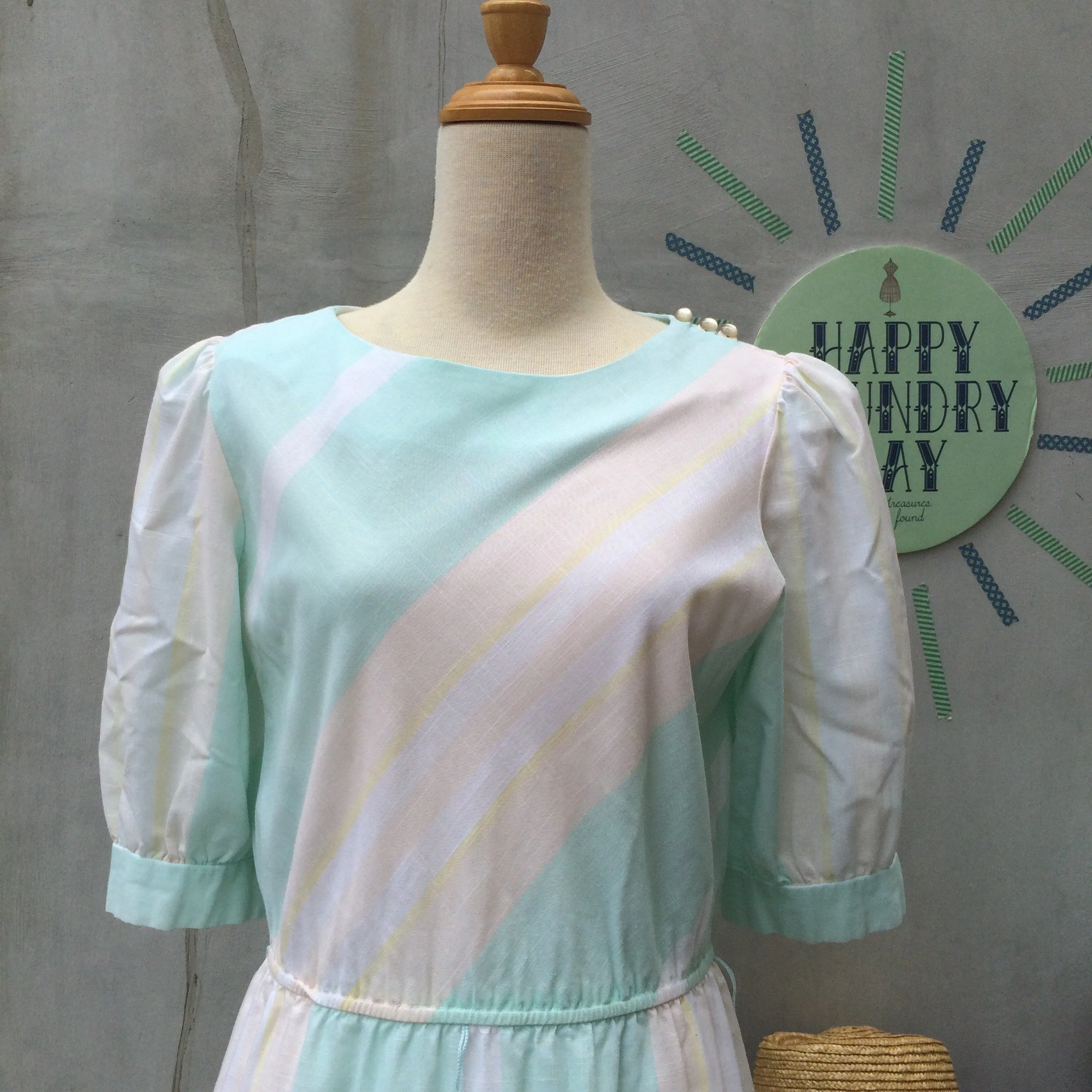 Gentle Gina | Vintage 1970s 1980s pastel Blue Pink wide stripes Dress