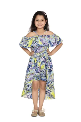 Girl's  Blue And Yellow Printed Jumpsuit With Shorts And Trail - StyleStone Kid