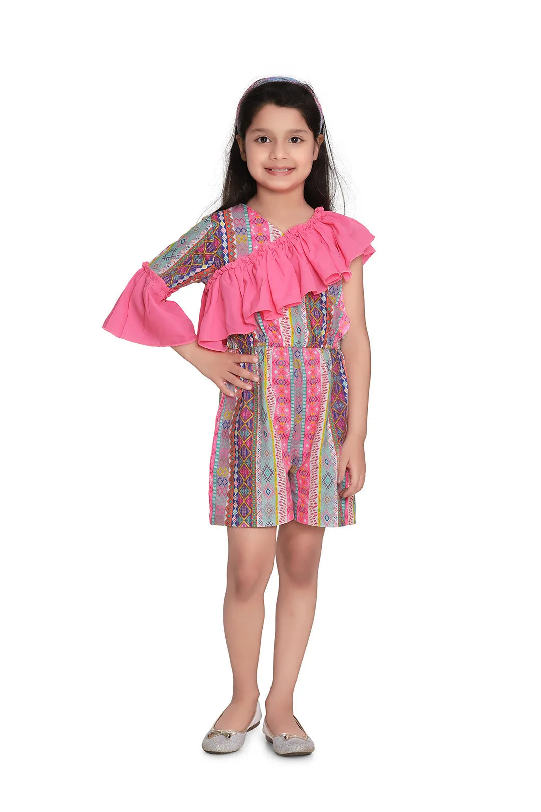 Girl's  Blue And Yellow Printed Jumpsuit With Shorts And Trail - StyleStone Kid