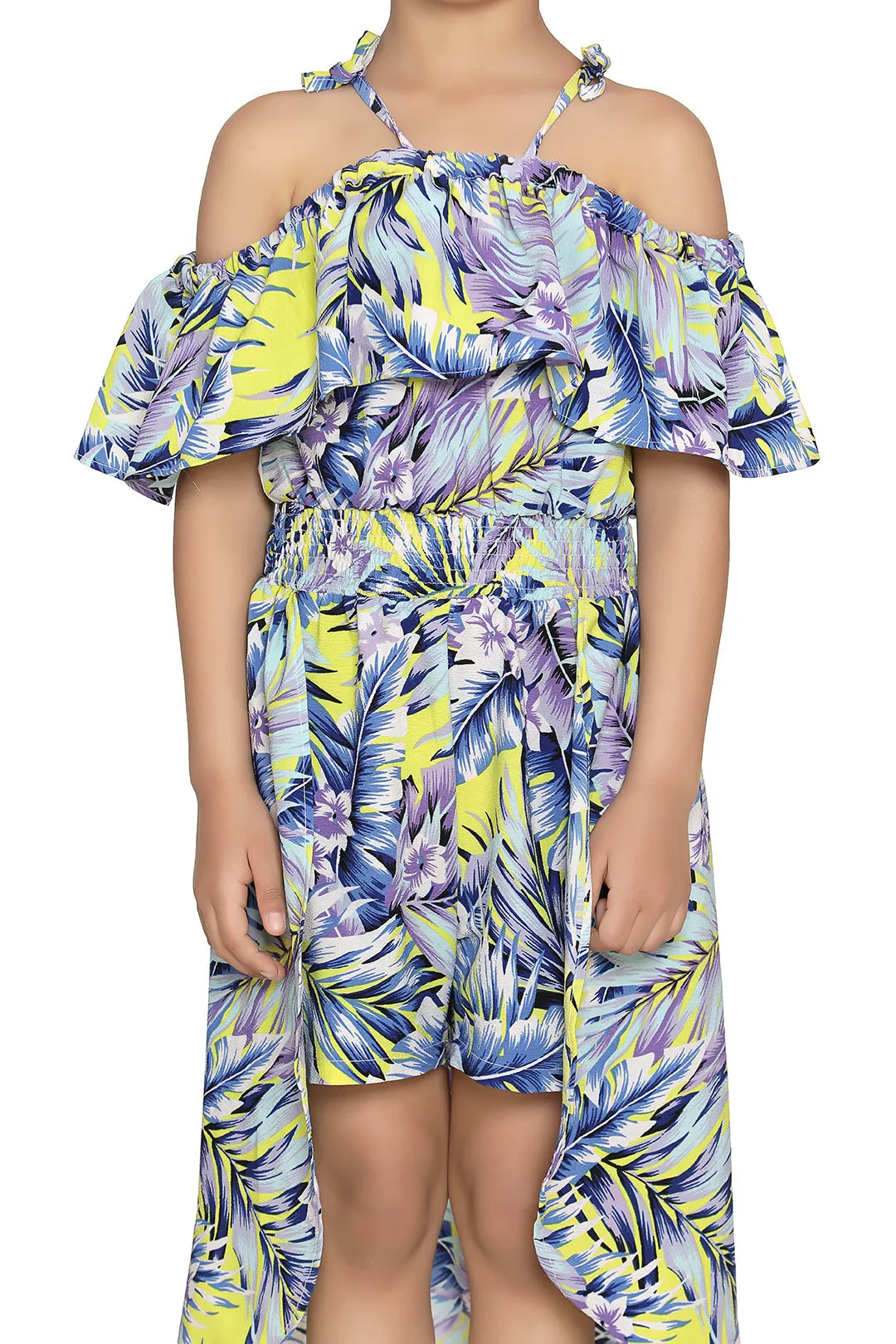 Girl's  Blue And Yellow Printed Jumpsuit With Shorts And Trail - StyleStone Kid