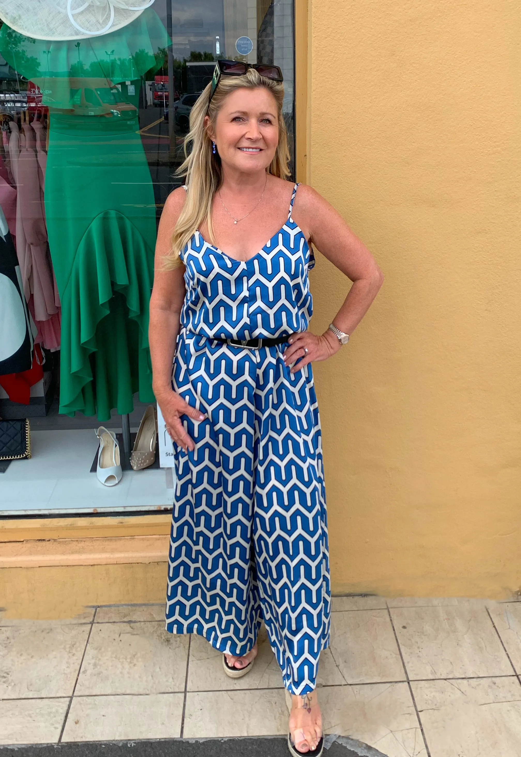 Got the Jump - pattern jumpsuit royal blue, fuchsia, gold, green