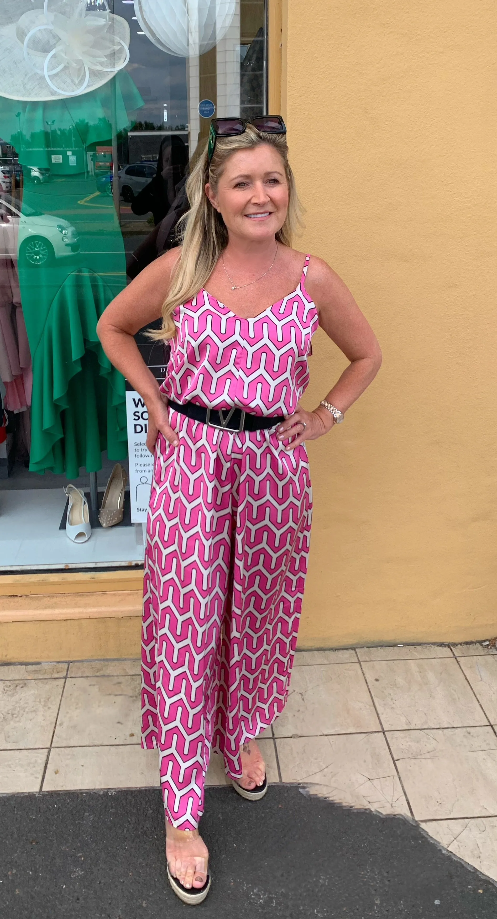 Got the Jump - pattern jumpsuit royal blue, fuchsia, gold, green