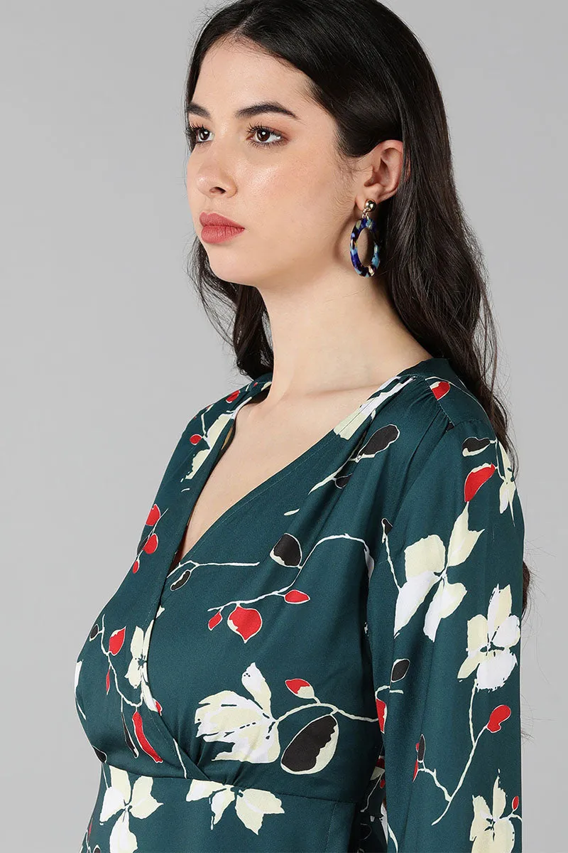 Green Polyester Floral Print Flared Mini Dress