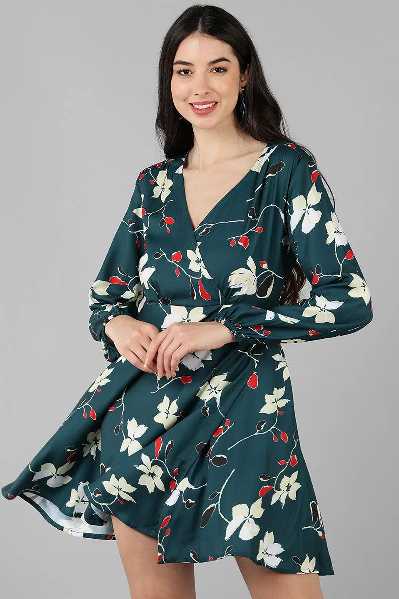 Green Polyester Floral Print Flared Mini Dress