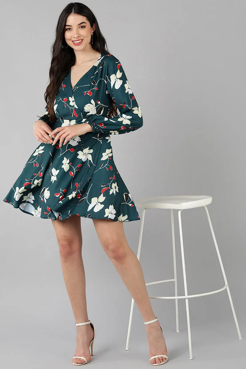 Green Polyester Floral Print Flared Mini Dress