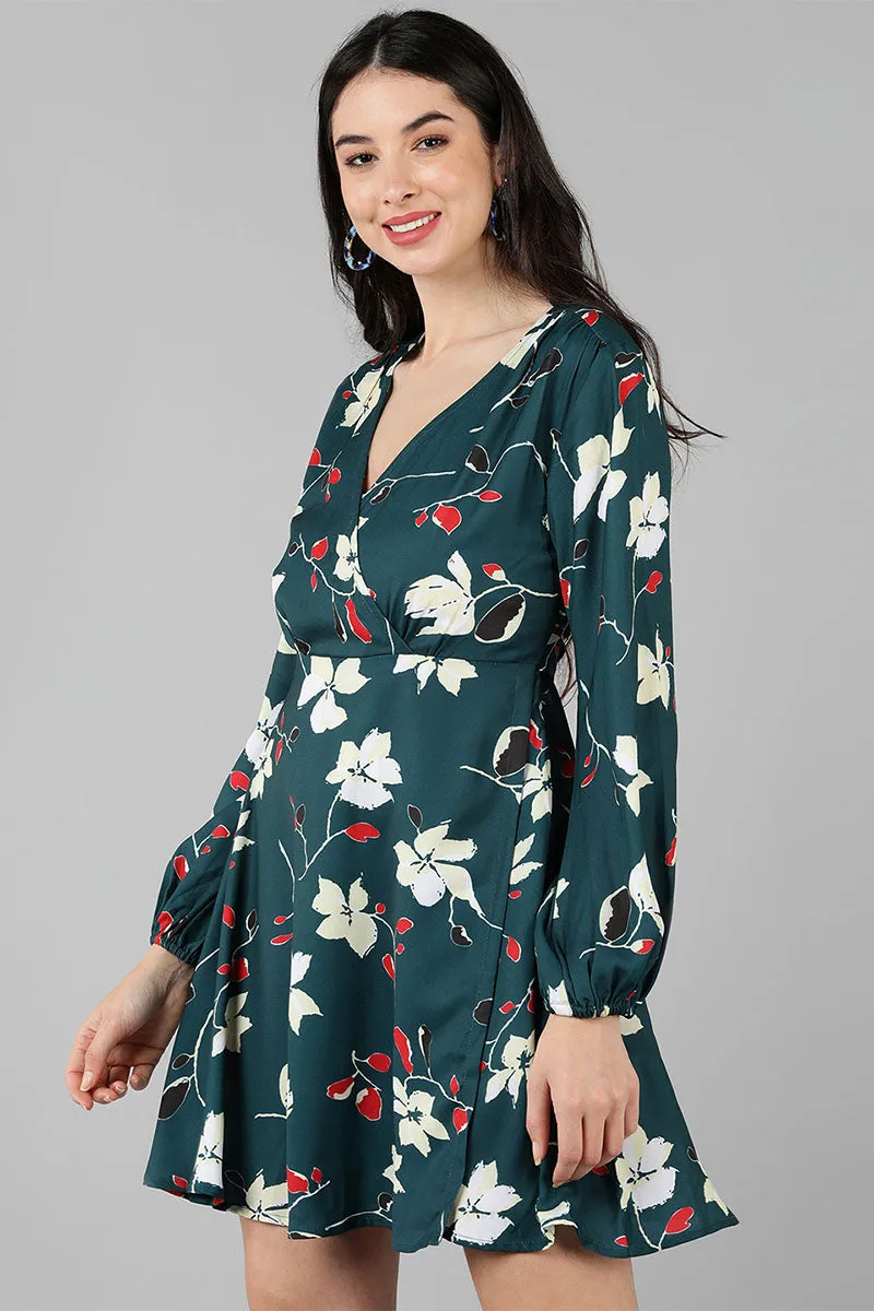 Green Polyester Floral Print Flared Mini Dress