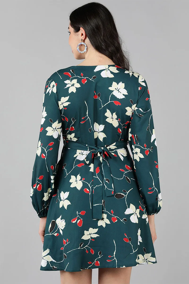 Green Polyester Floral Print Flared Mini Dress