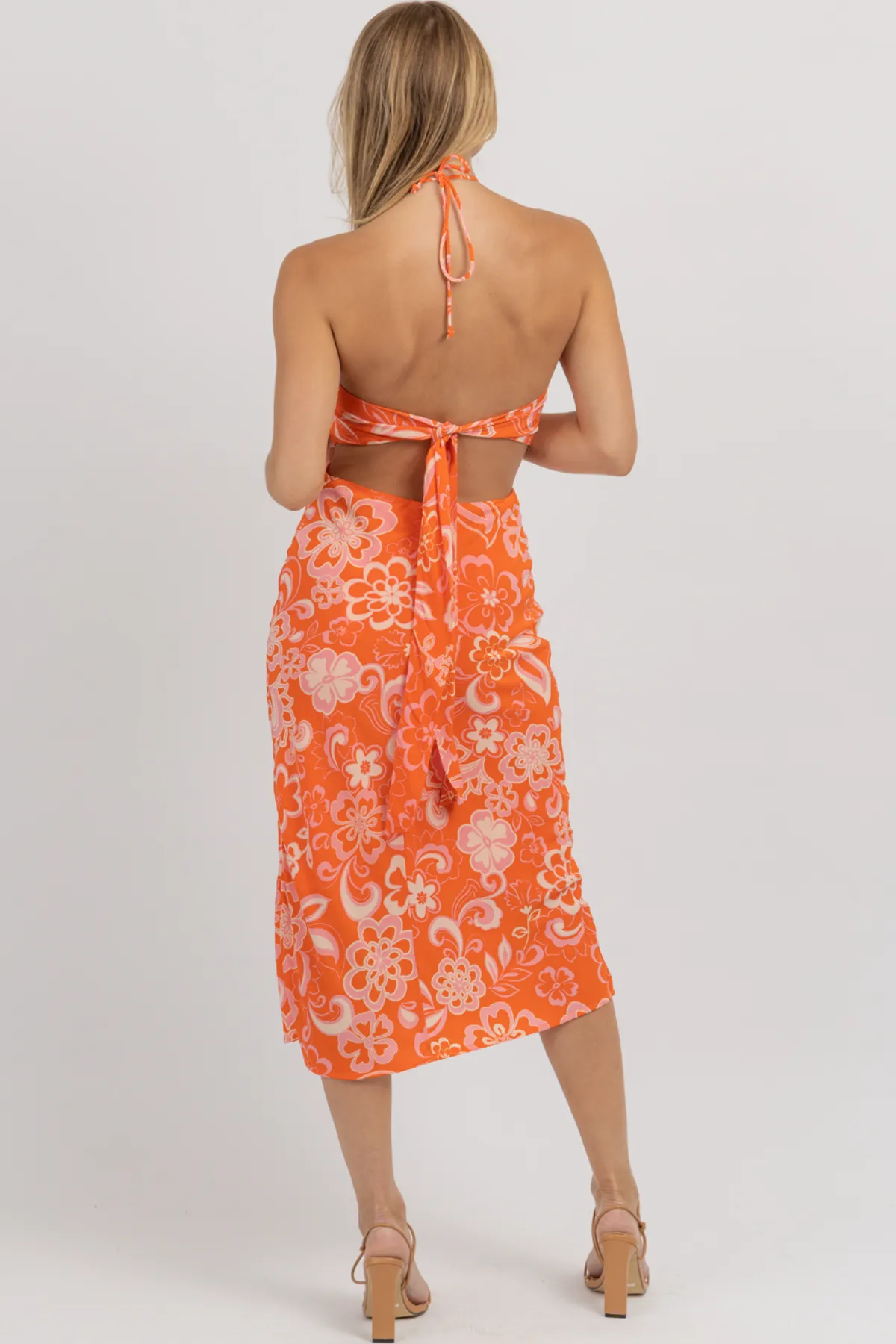 HARLOW ORANGE   PINK HALTER MAXI DRESS