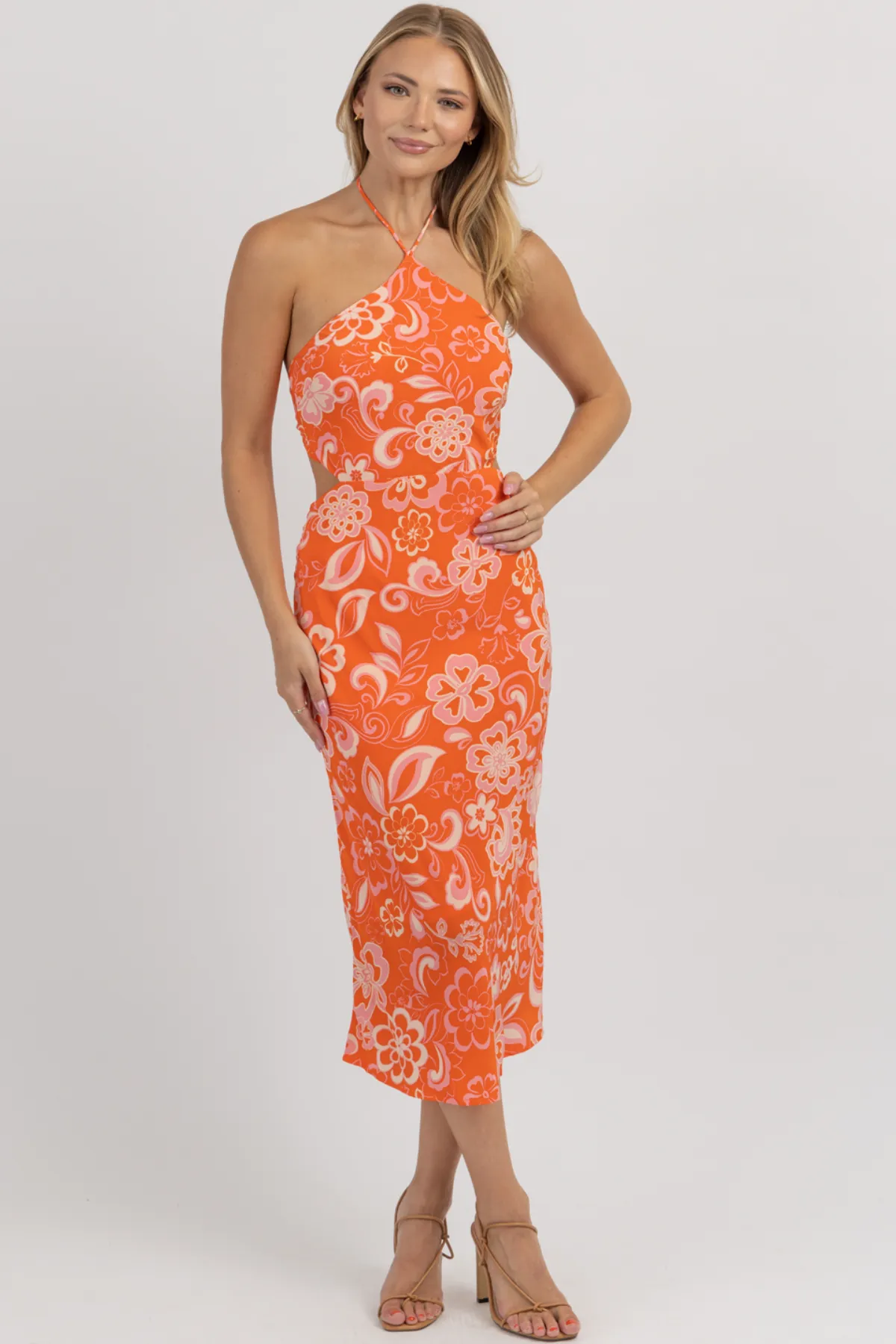 HARLOW ORANGE   PINK HALTER MAXI DRESS