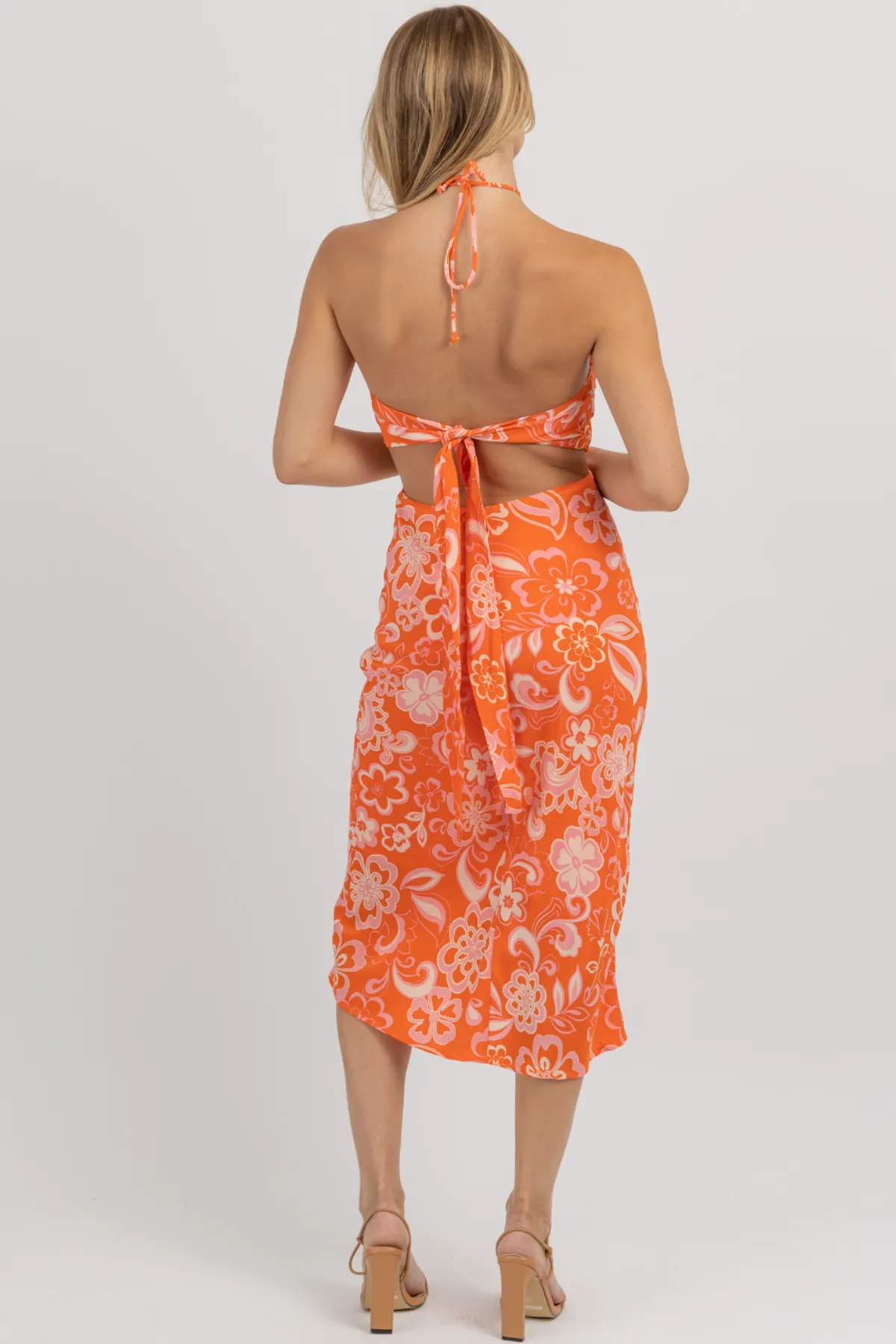 HARLOW ORANGE   PINK HALTER MAXI DRESS