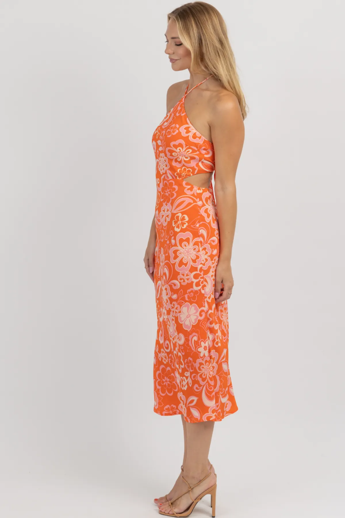 HARLOW ORANGE   PINK HALTER MAXI DRESS