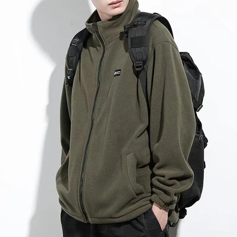 Jinquedai 90s fashion men Autumn Sweater Polar Fleece Cardigan Coat Men's Workwear plus Size Casual Jacket Stand Collar Top Men's Clothing