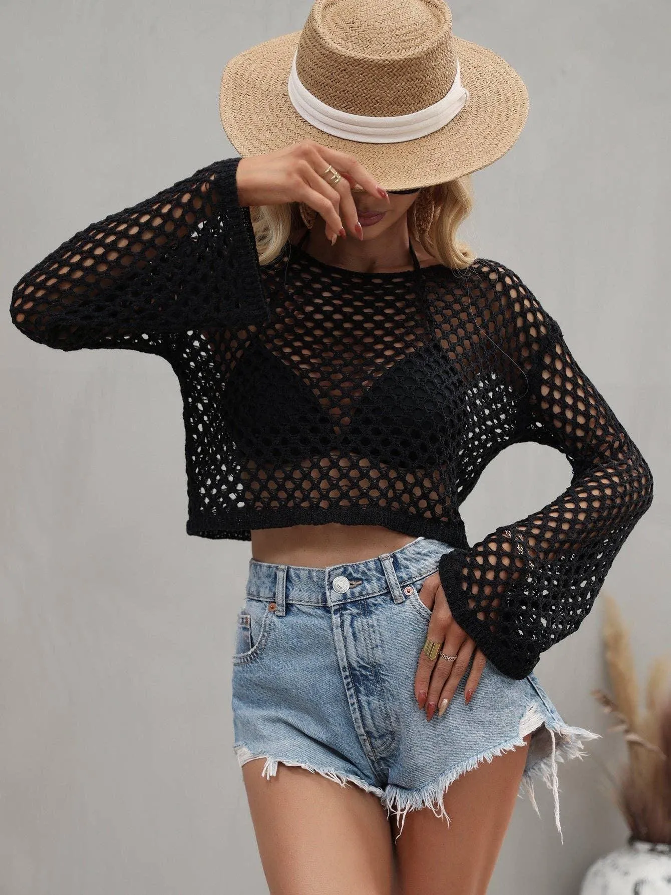 Ladies Flare Sleeves Daily Hollow Out Sweater E2211