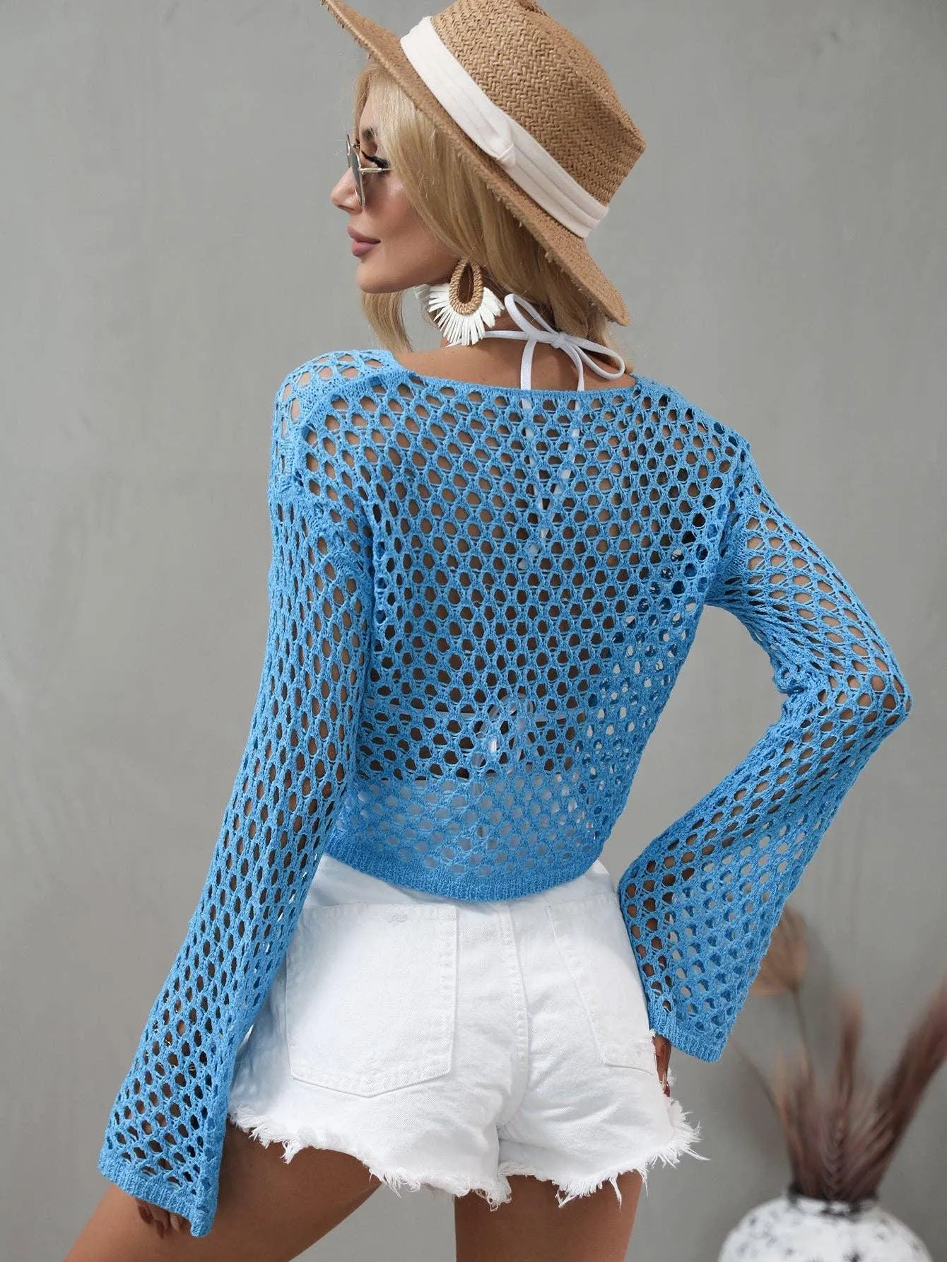 Ladies Flare Sleeves Daily Hollow Out Sweater E2211