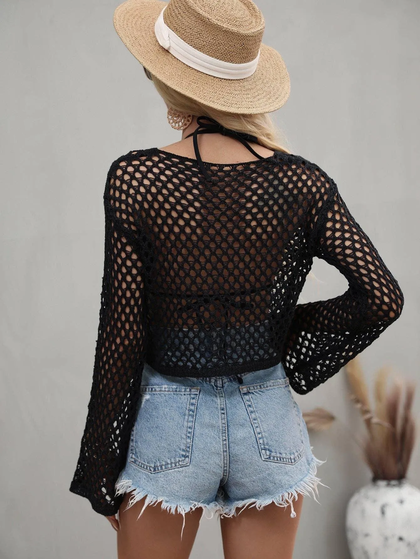 Ladies Flare Sleeves Daily Hollow Out Sweater E2211