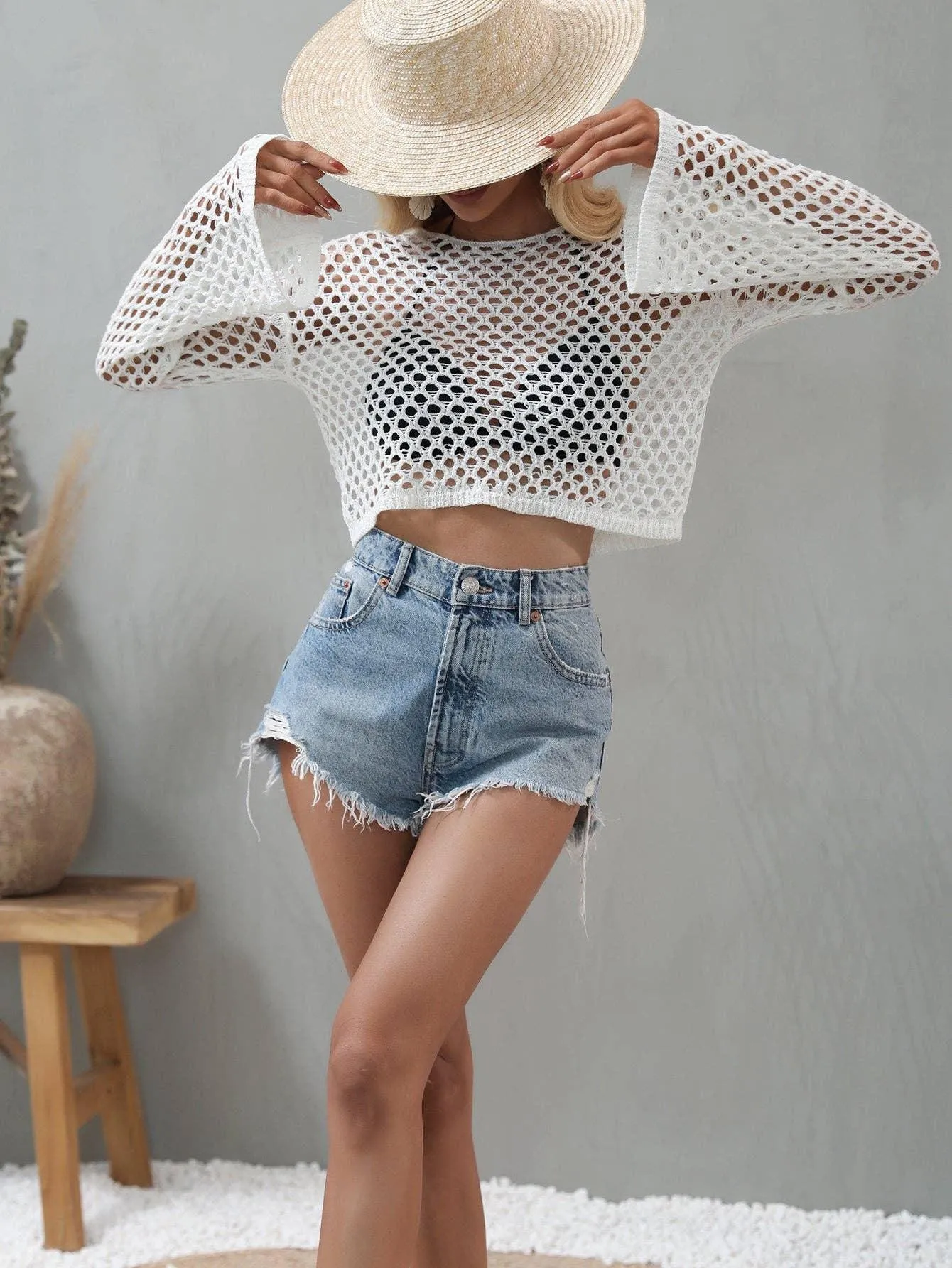 Ladies Flare Sleeves Daily Hollow Out Sweater E2211