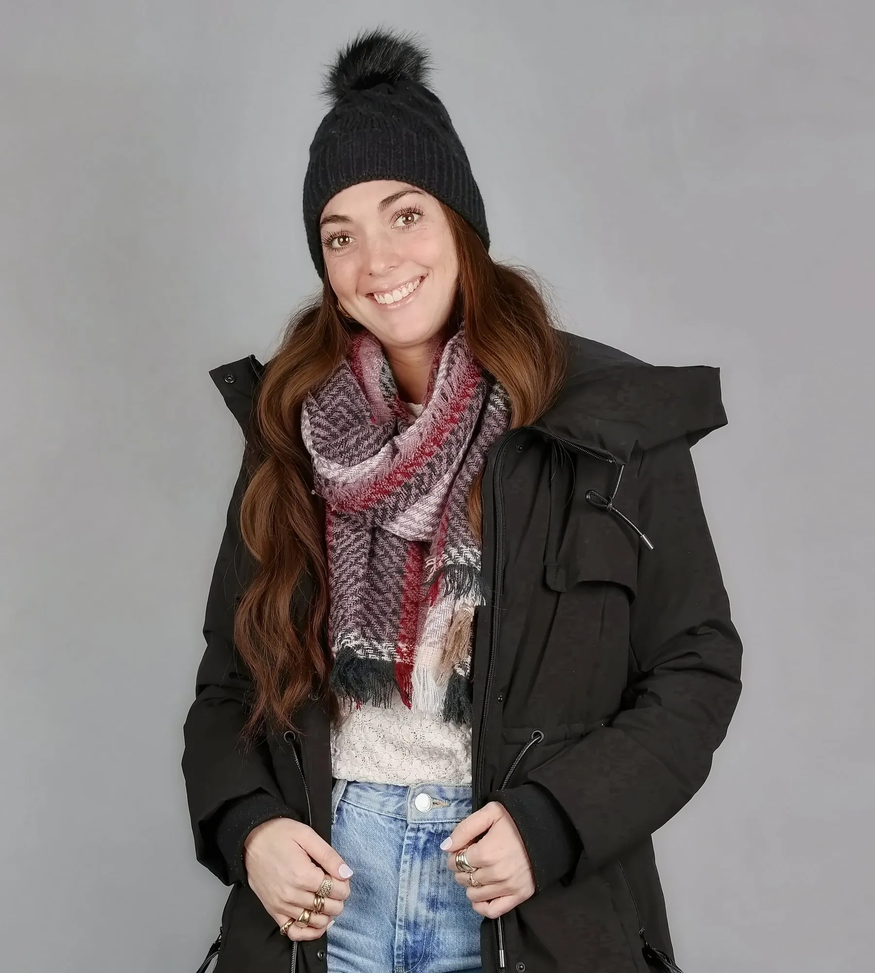 LARGE PLAID SCARF & CABLE BEANIE SET