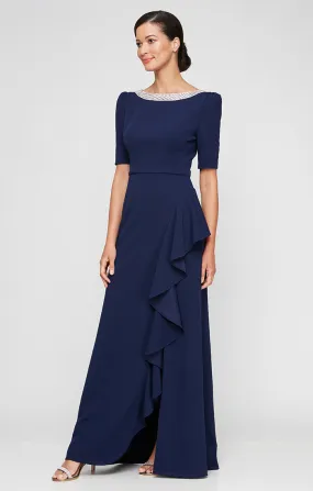 Long Embellished Neck Stretch Crepe Dress with Elbow Sleeves & Cascade Detail Skirt