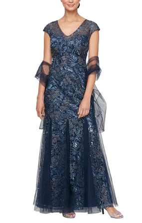 Long Embroidered V-Neck Dress with Godet Detail Skirt and Shawl