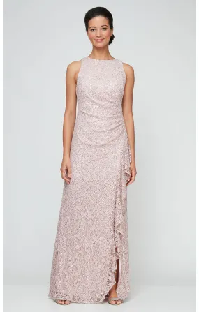 Long Sleeveless Lace Dress with Cascade Ruffle Front Slit Detail