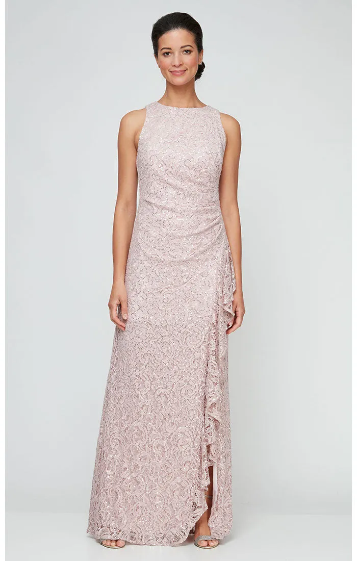 Long Sleeveless Lace Dress with Cascade Ruffle Front Slit Detail