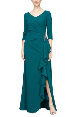 *Long V-Neck Crepe Dress with Cascade Detail Skirt