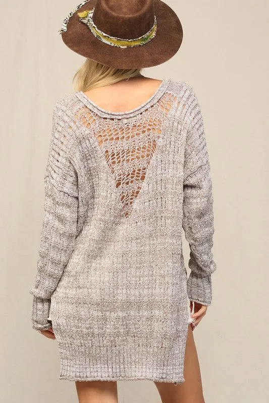 Lt Mocha Illusion V Front Pointelle Sweater