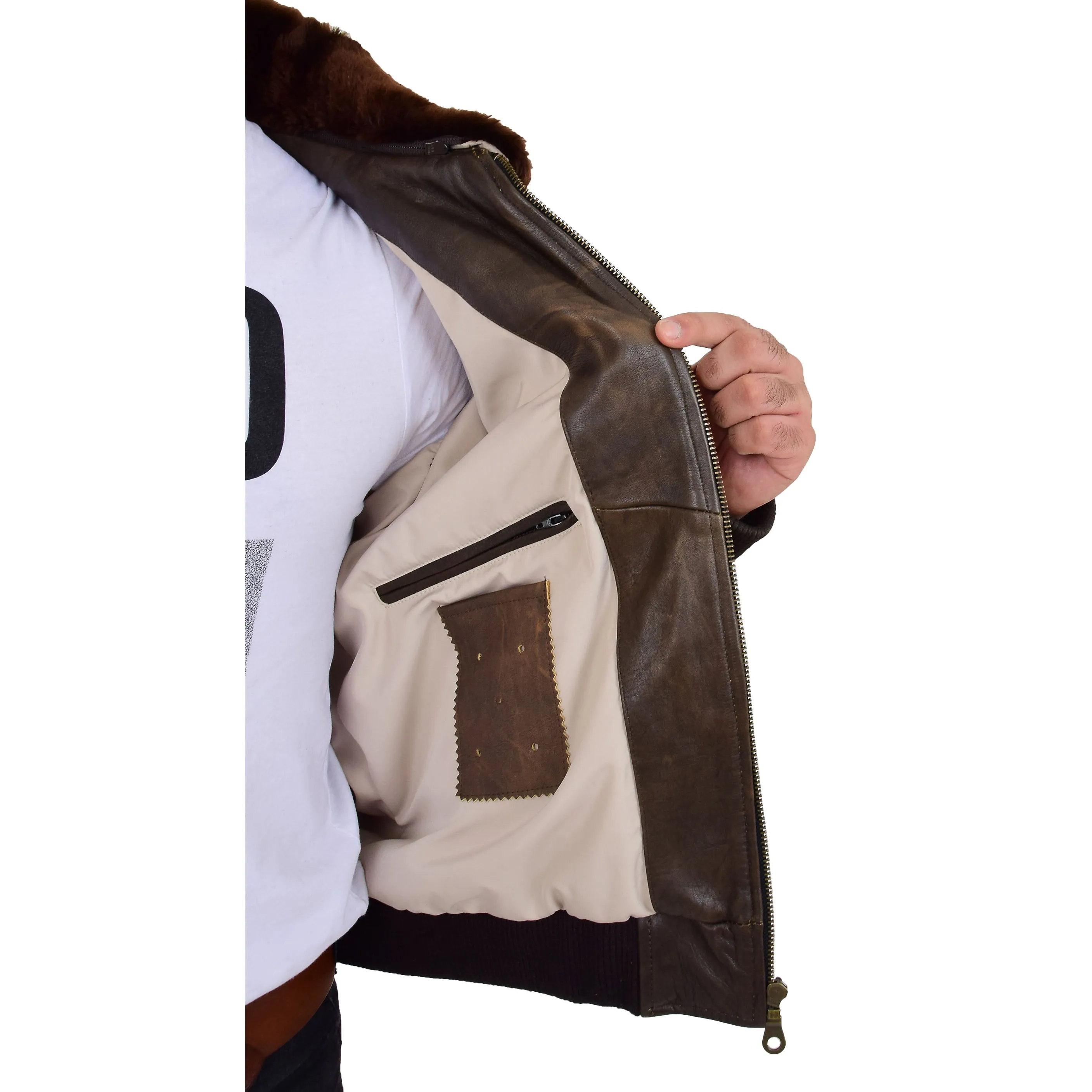 Mens Brown Bomber Leather Pilot Jacket Badges Sheepskin Collar Hawk