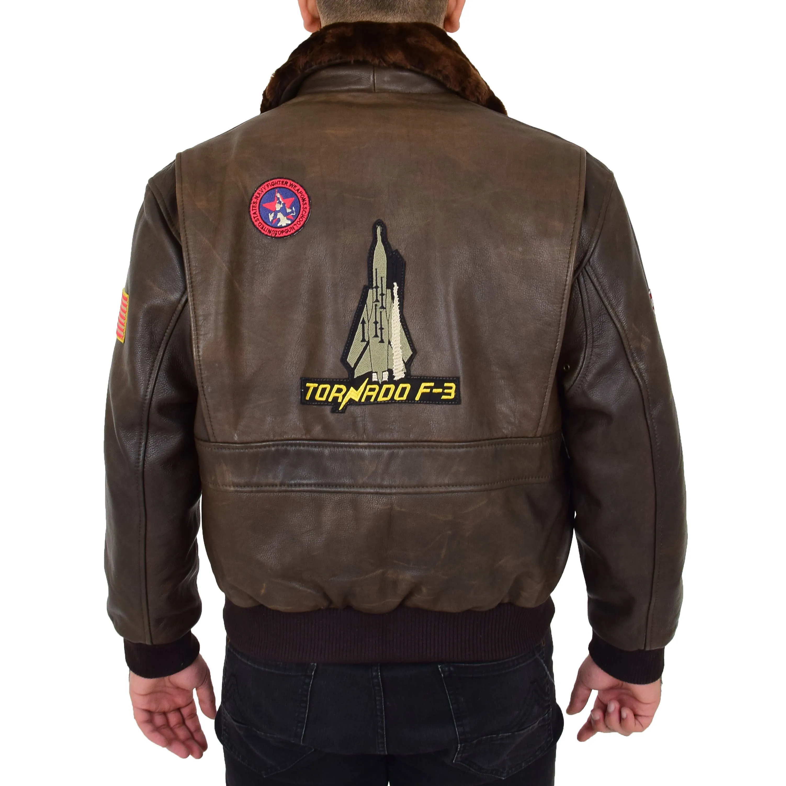 Mens Brown Bomber Leather Pilot Jacket Badges Sheepskin Collar Hawk