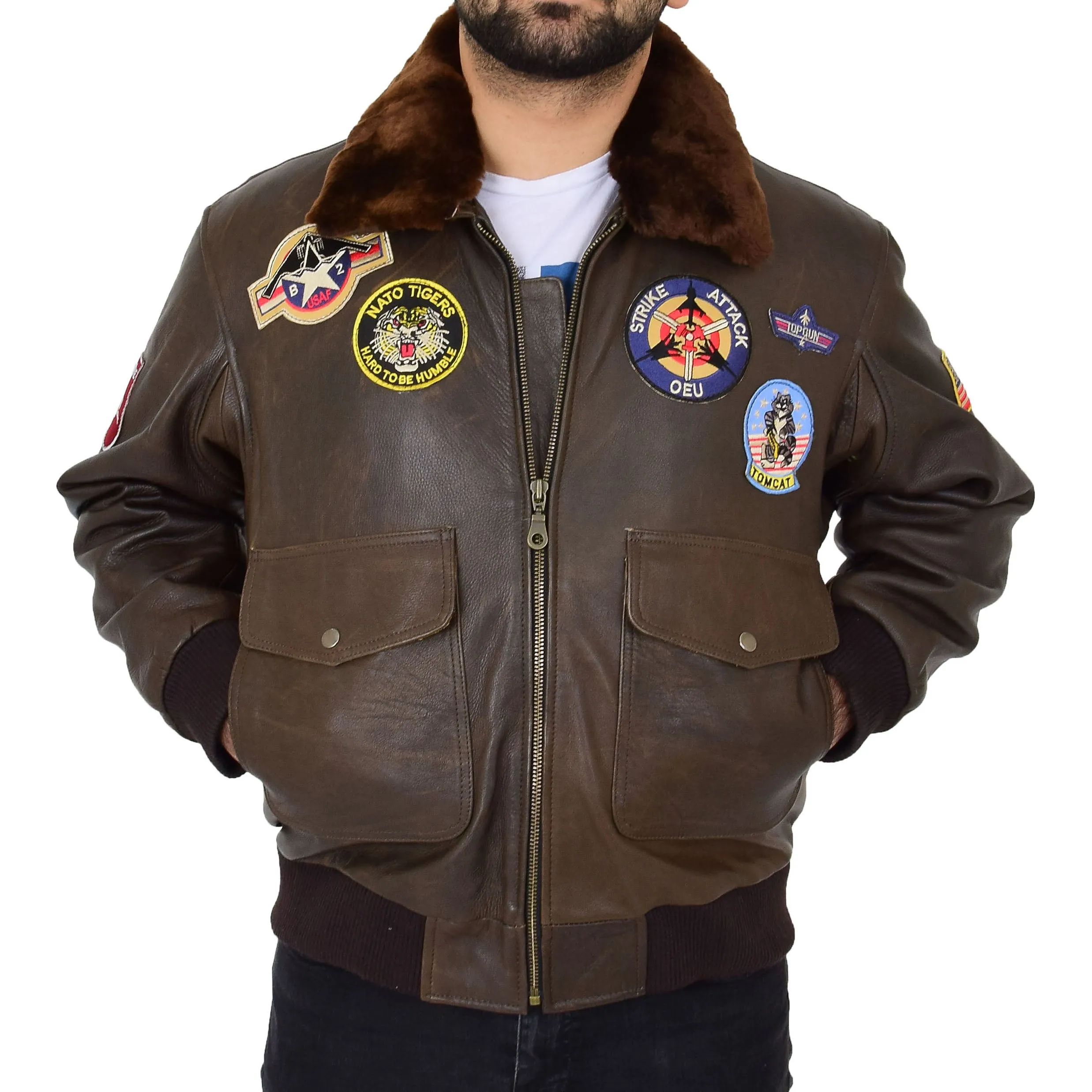 Mens Brown Bomber Leather Pilot Jacket Badges Sheepskin Collar Hawk