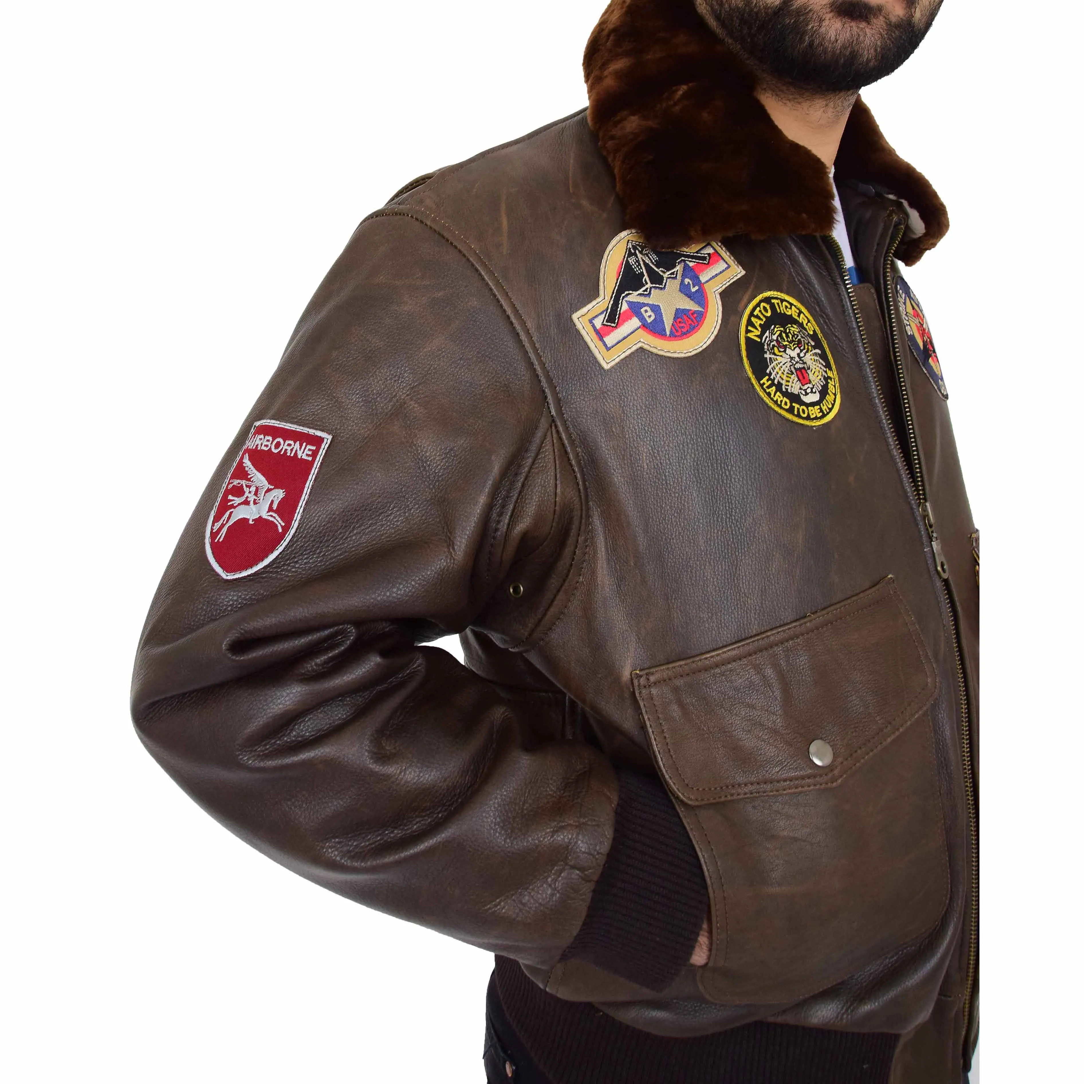 Mens Brown Bomber Leather Pilot Jacket Badges Sheepskin Collar Hawk