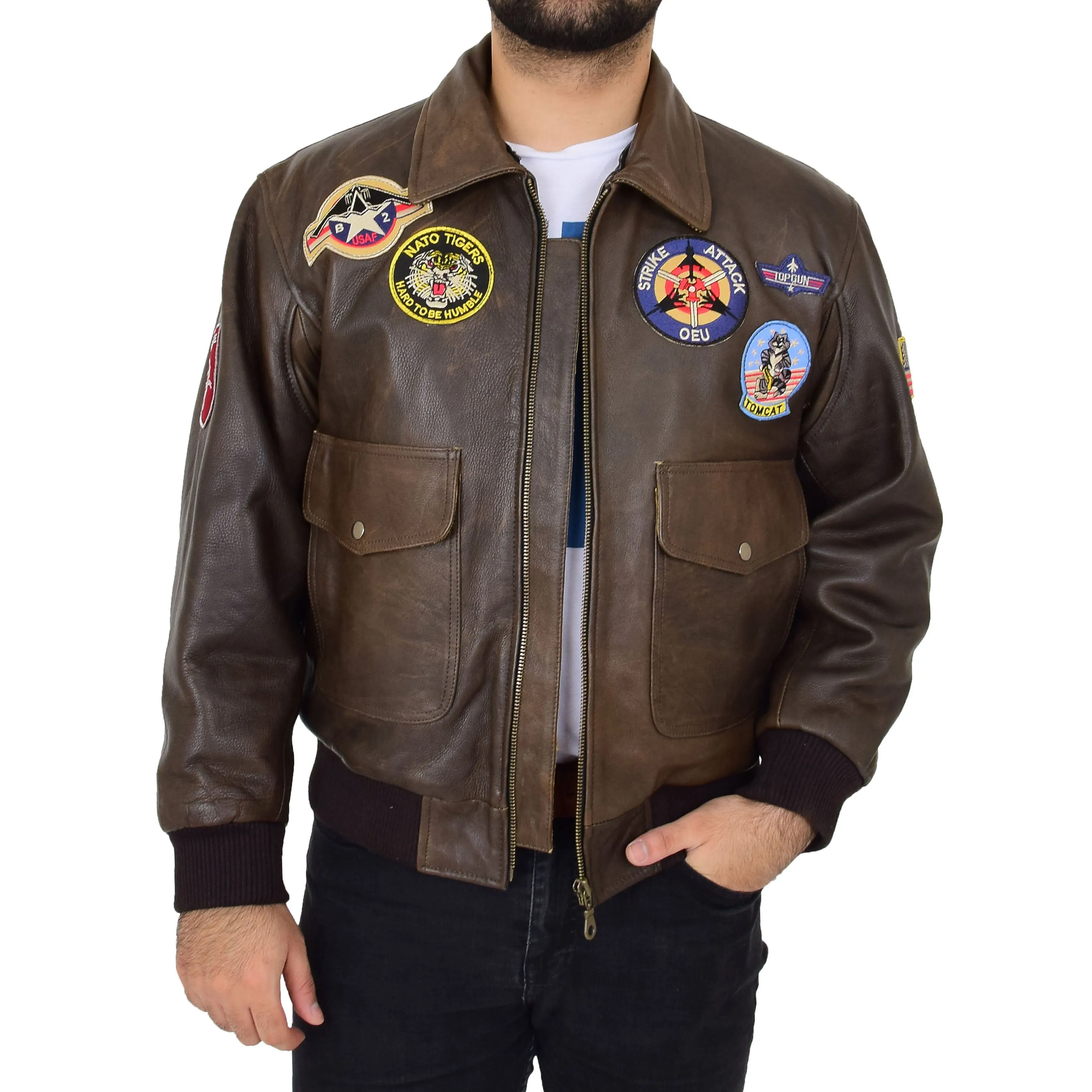Mens Brown Bomber Leather Pilot Jacket Badges Sheepskin Collar Hawk