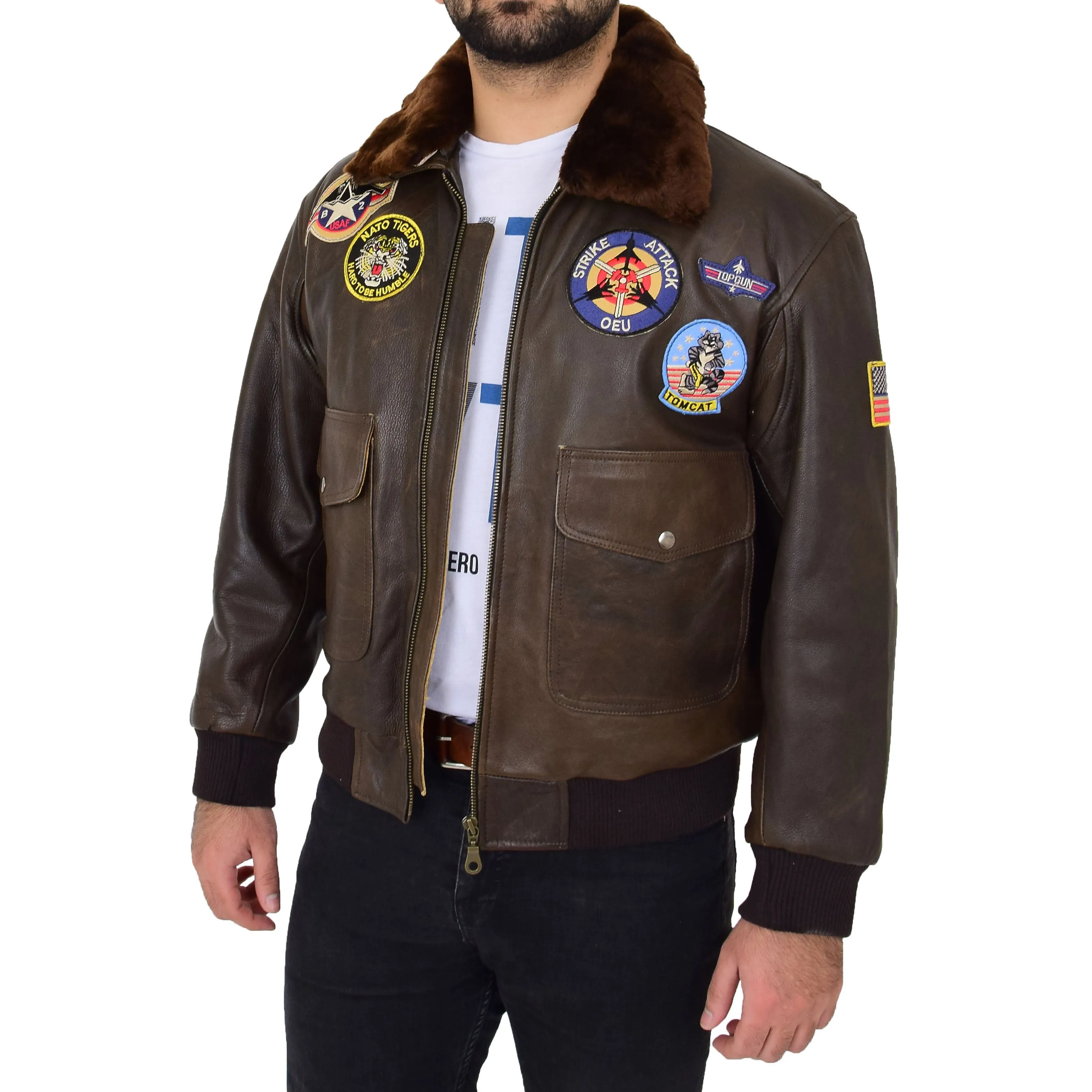 Mens Brown Bomber Leather Pilot Jacket Badges Sheepskin Collar Hawk