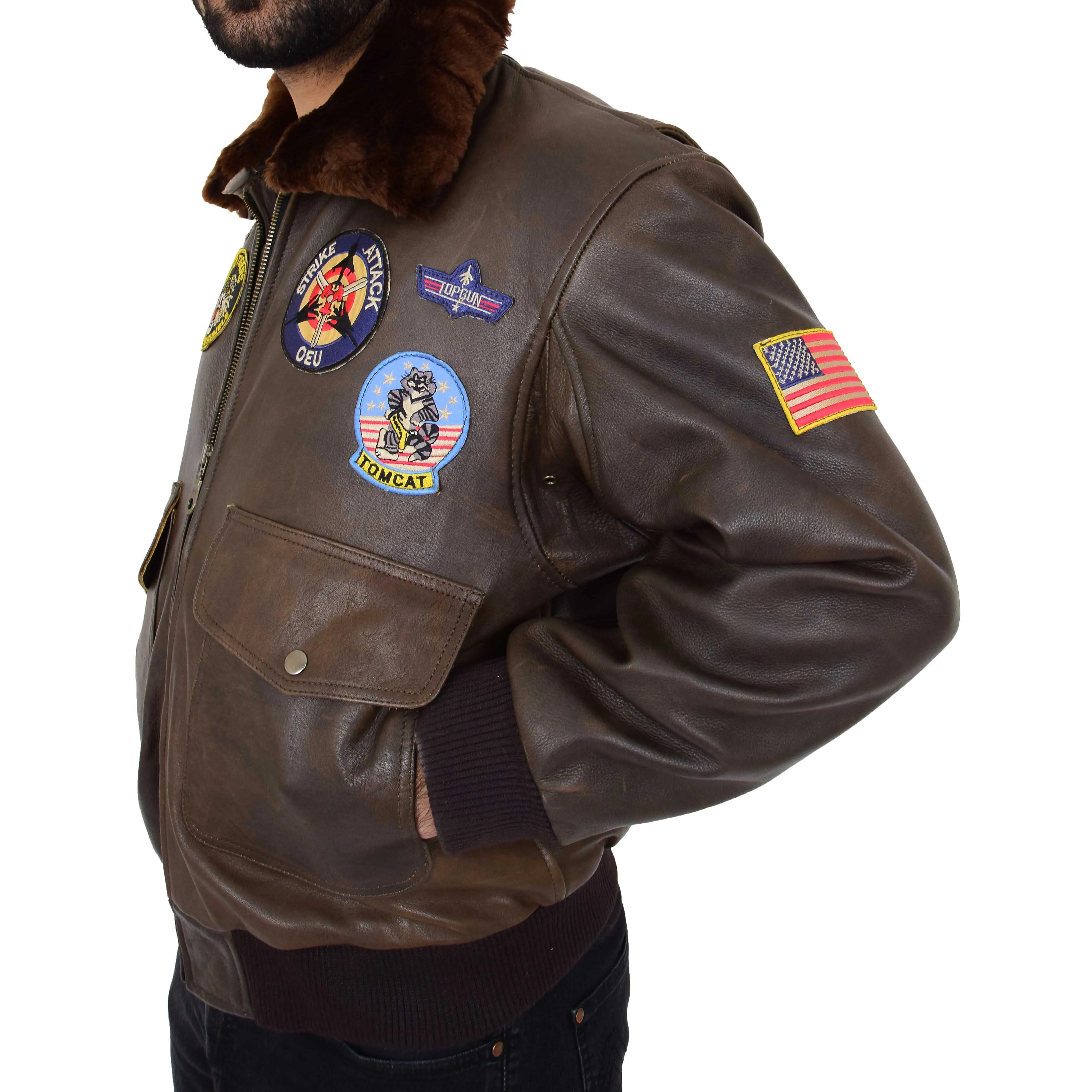 Mens Brown Bomber Leather Pilot Jacket Badges Sheepskin Collar Hawk