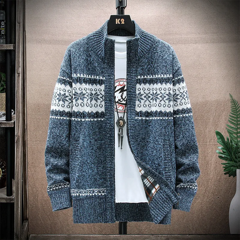 Men's Fleece Sweater Cardigan Stand Collar Knitted Jacket