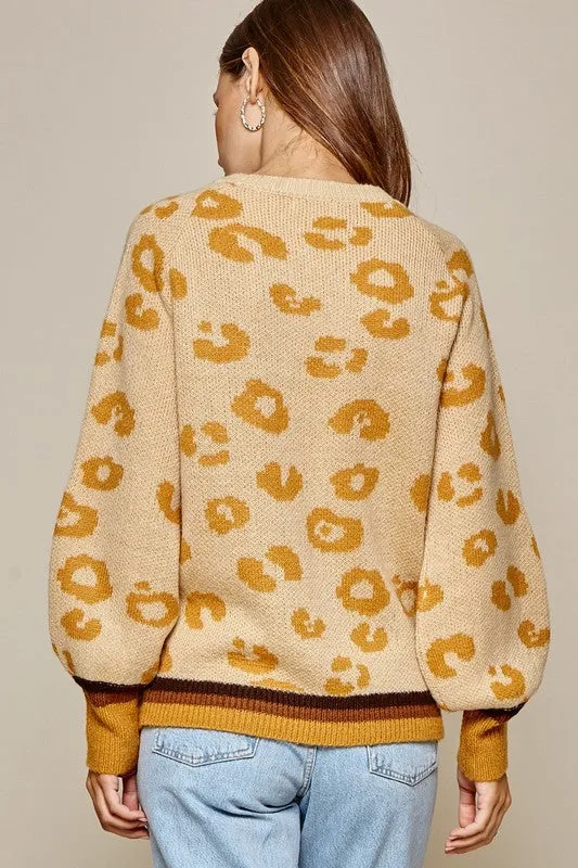 Mustard/Taupe Leopard  Contrast Knit Sweater
