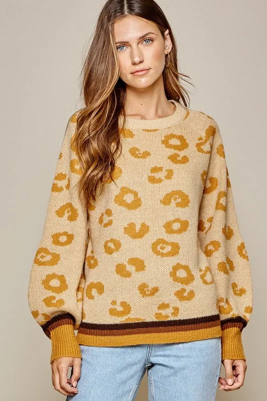 Mustard/Taupe Leopard  Contrast Knit Sweater