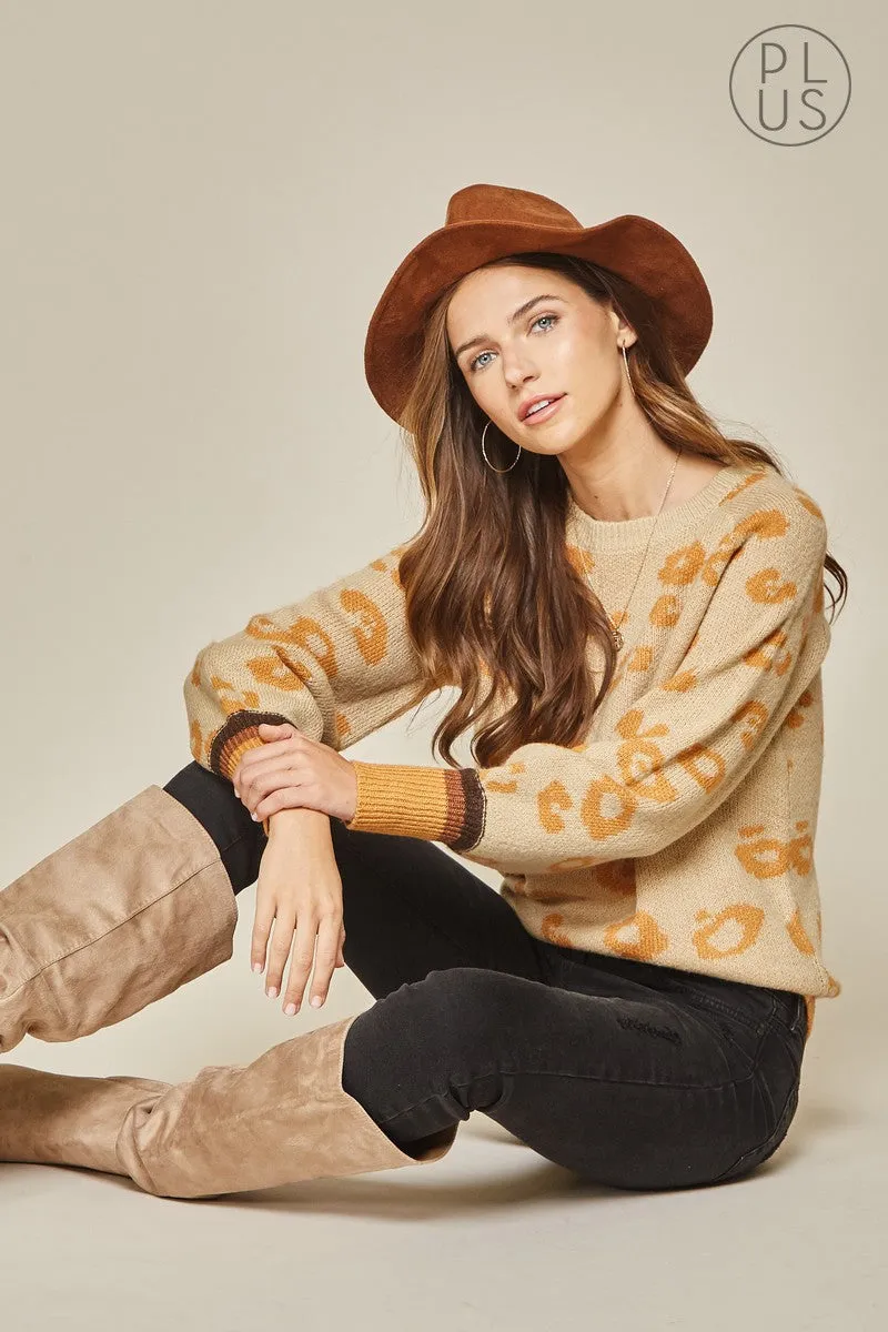Mustard/Taupe Leopard  Contrast Knit Sweater