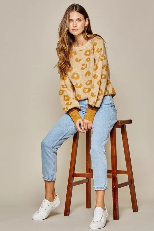 Mustard/Taupe Leopard  Contrast Knit Sweater