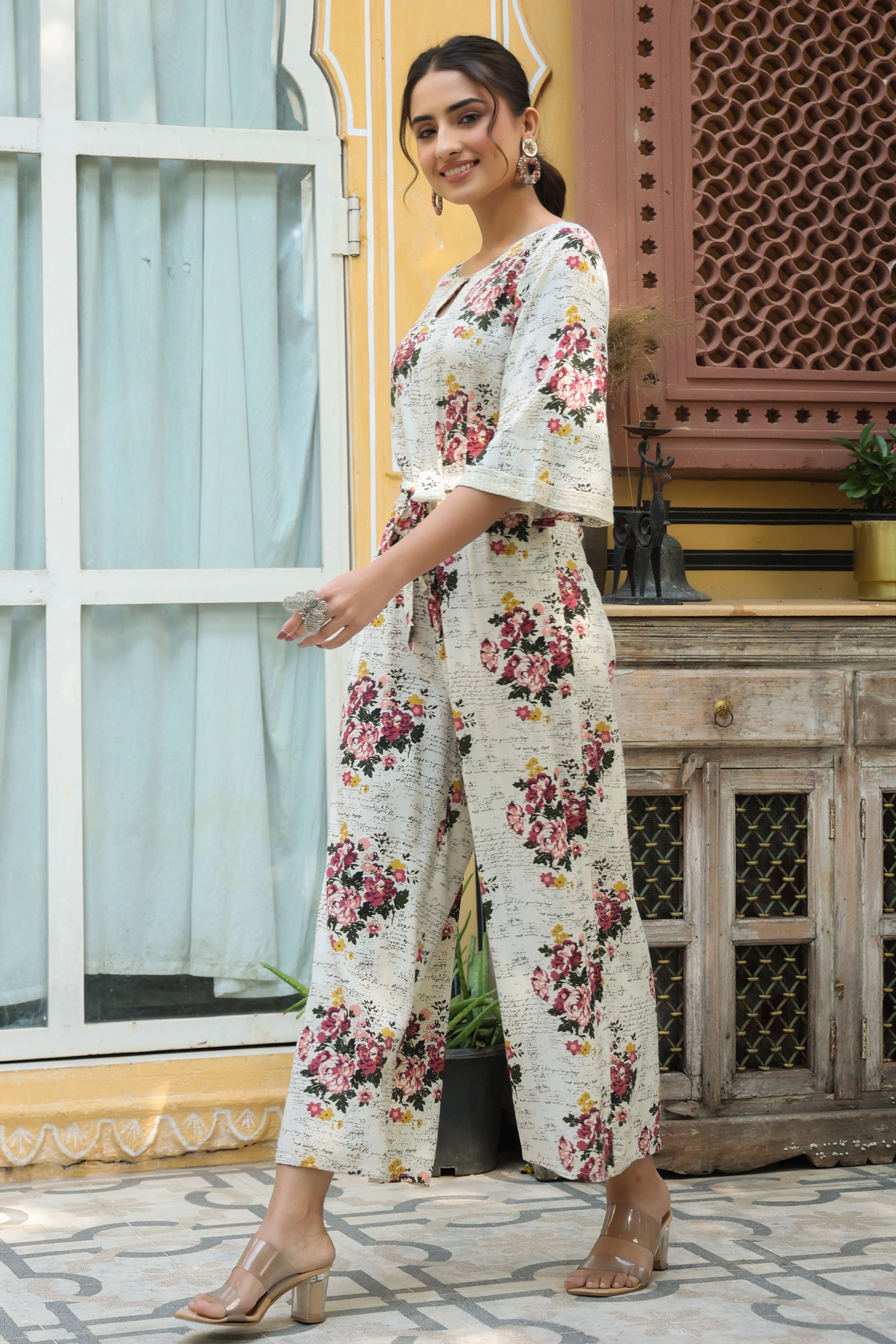 Off-White Rayon Slub Printed Jumpsuit