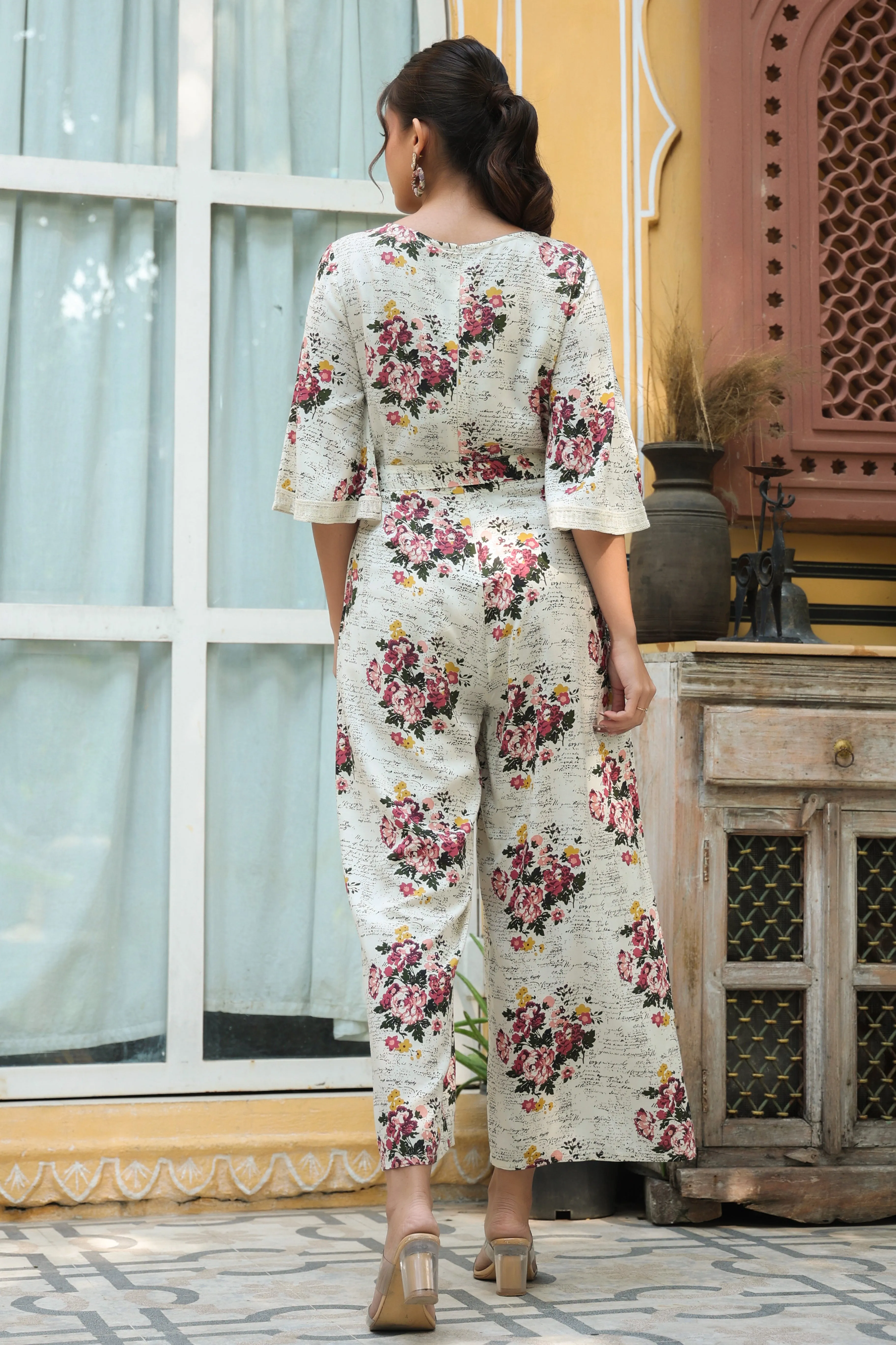 Off-White Rayon Slub Printed Jumpsuit