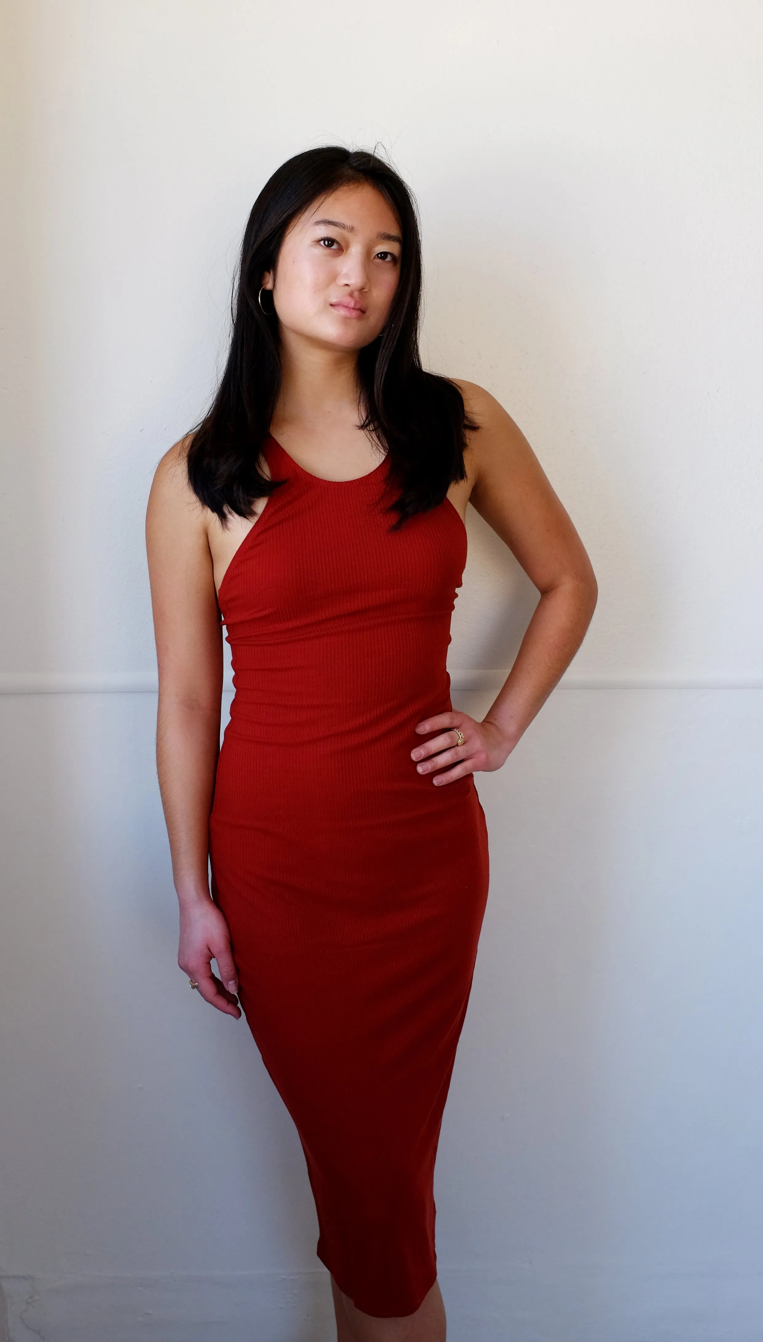 OPEN BACK DRESS, CORAL RED