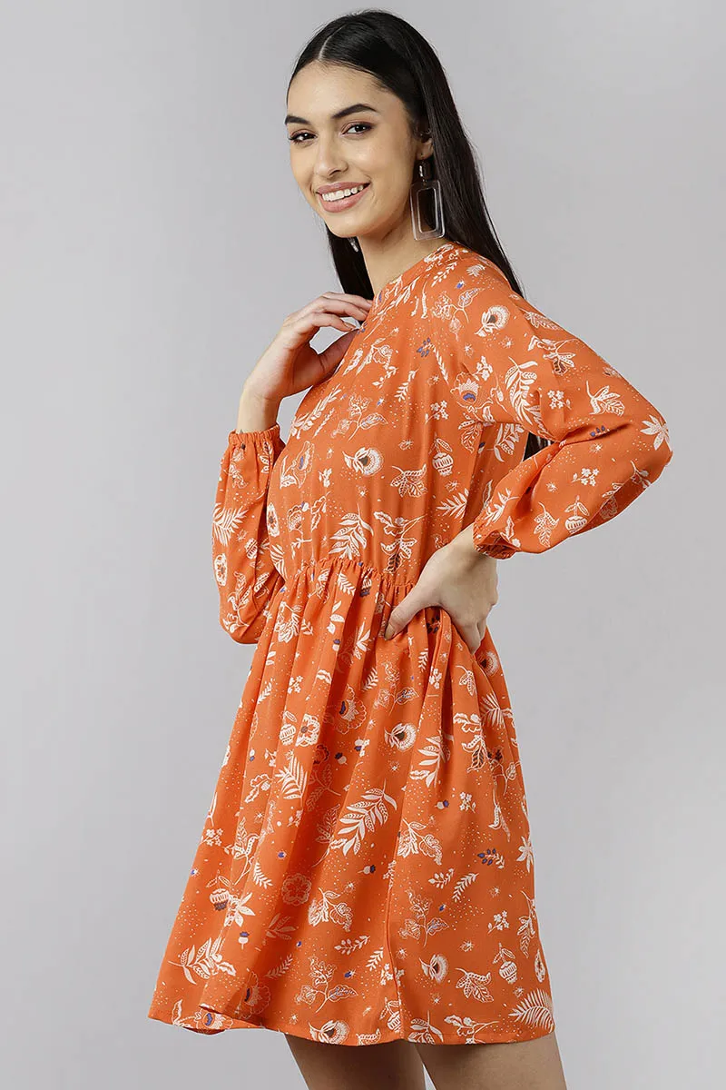 Orange Polyester Floral Printed Mini Dress