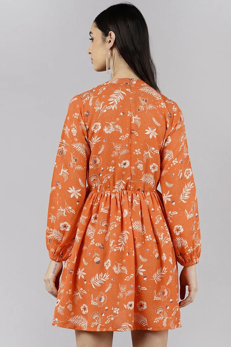 Orange Polyester Floral Printed Mini Dress