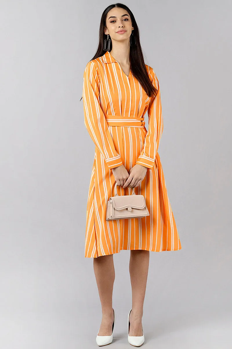 Orange Polyester Striped Midi Dress