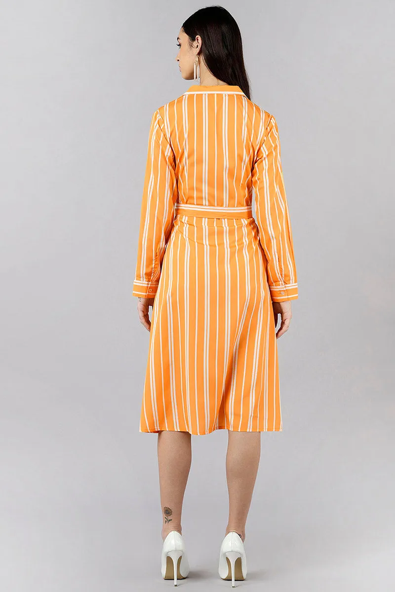 Orange Polyester Striped Midi Dress