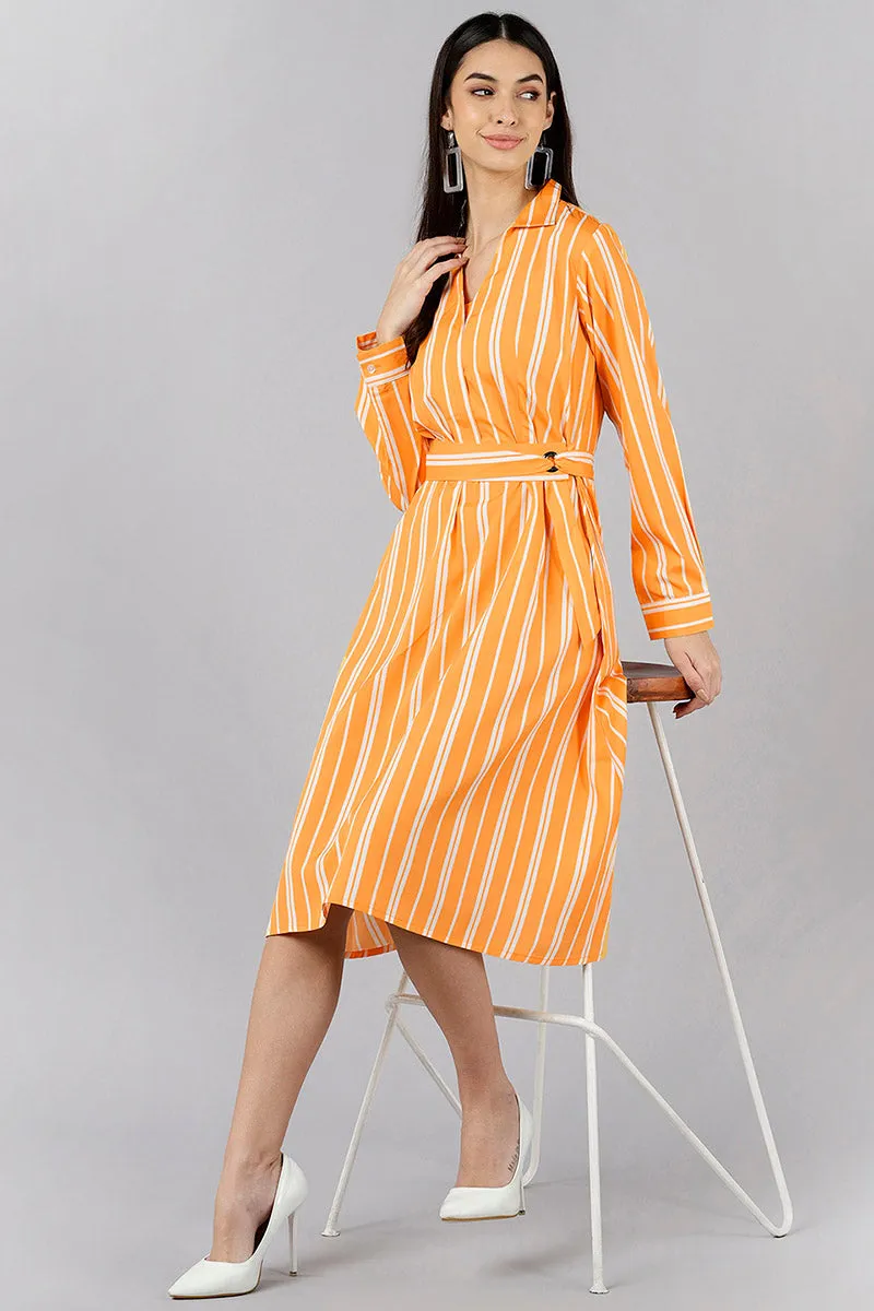 Orange Polyester Striped Midi Dress