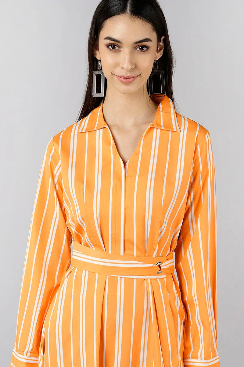 Orange Polyester Striped Midi Dress