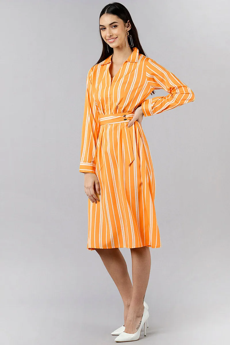 Orange Polyester Striped Midi Dress